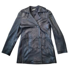 Vintage 90s 100% Leather Double Breasted Peacoat Jacket SIze XS Y2K Goth